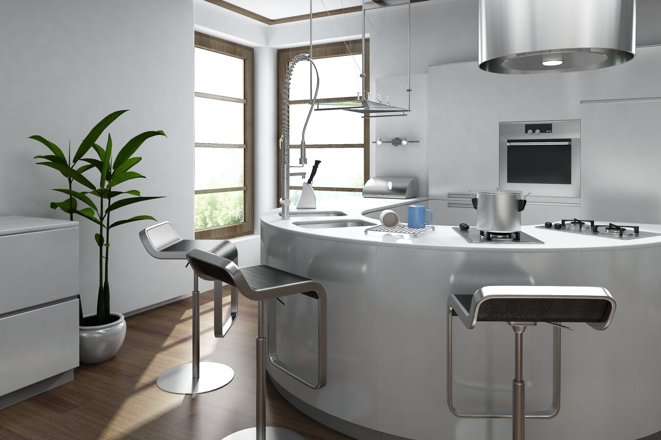 contemporary white rounded kitchen
